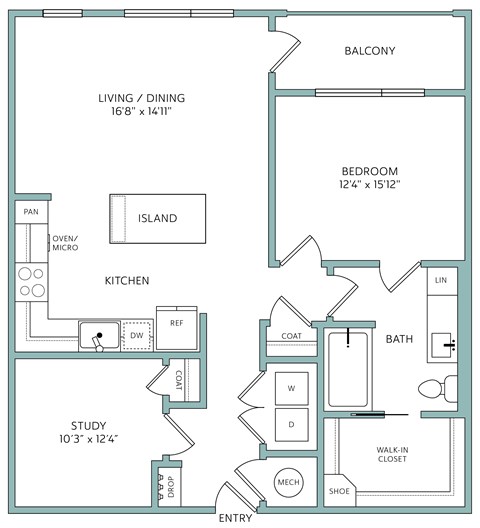 Floor plan for 1 bed, 1 bath, 867 sqft